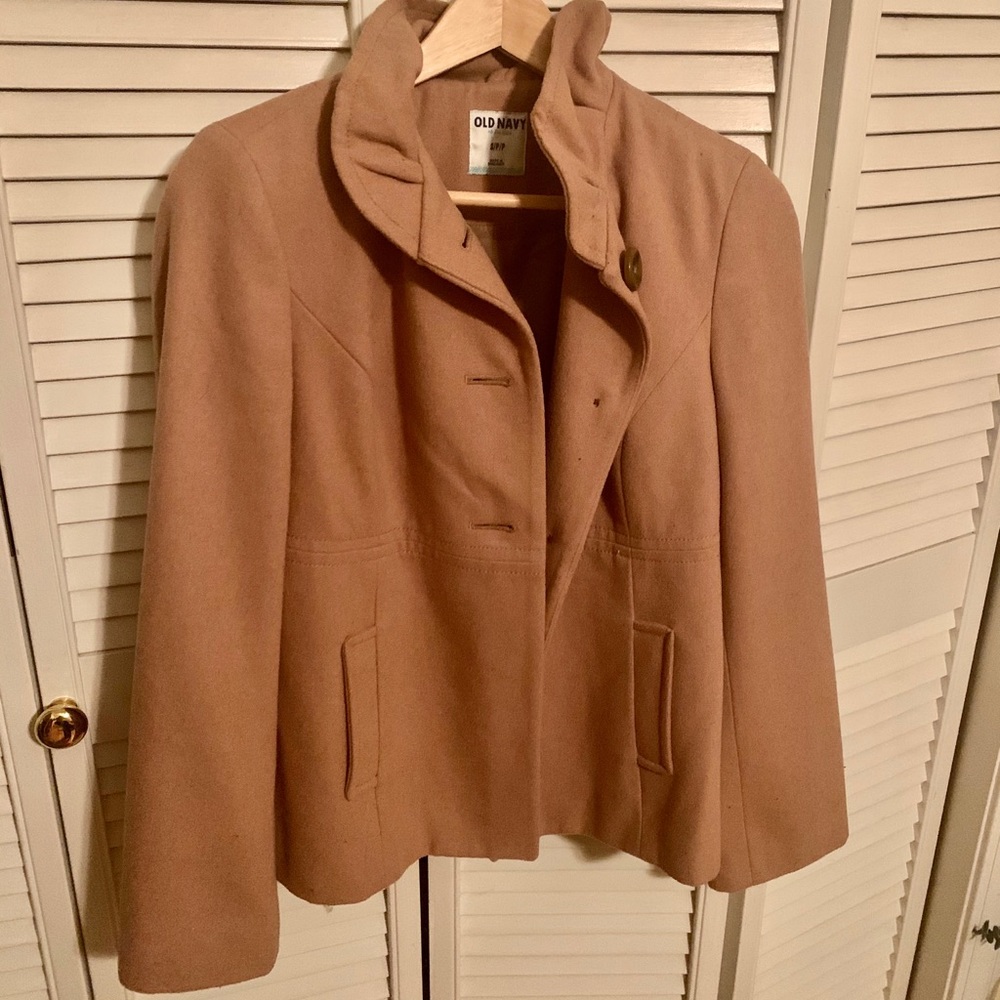 Camel Pea coat with ruffle collar